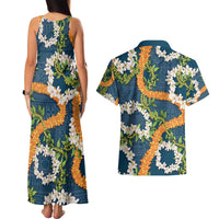 Aloha Festive Hawaii Couples Matching Tank Maxi Dress and Hawaiian Shirt Mokihana - Maile and Ilima on Navy Blue - Polynesian Pride