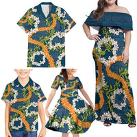 Aloha Festive Hawaii Family Matching Off Shoulder Maxi Dress and Hawaiian Shirt Mokihana - Maile and Ilima on Navy Blue - Polynesian Pride