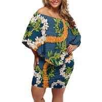 Aloha Festive Hawaii Family Matching Off Shoulder Short Dress and Hawaiian Shirt Mokihana - Maile and Ilima on Navy Blue - Polynesian Pride
