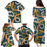 Aloha Festive Hawaii Family Matching Puletasi and Hawaiian Shirt Mokihana - Maile and Ilima on Navy Blue - Polynesian Pride