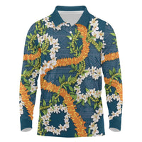 Aloha Festive Hawaii Long Sleeve Polo Shirt Mokihana - Maile and Ilima on Navy Blue LT7 Navy Blue - Polynesian Pride