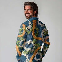 Aloha Festive Hawaii Long Sleeve Polo Shirt Mokihana - Maile and Ilima on Navy Blue LT7 - Polynesian Pride