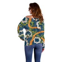 Aloha Festive Hawaii Off Shoulder Sweater Mokihana - Maile and Ilima on Navy Blue - Polynesian Pride