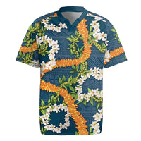 Aloha Festive Hawaii Rugby Jersey Mokihana - Maile and Ilima on Navy Blue LT7 Navy Blue - Polynesian Pride