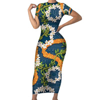 Aloha Festive Hawaii Short Sleeve Bodycon Dress Mokihana - Maile and Ilima on Navy Blue - Polynesian Pride