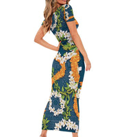 Aloha Festive Hawaii Short Sleeve Bodycon Dress Mokihana - Maile and Ilima on Navy Blue - Polynesian Pride