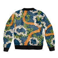 Aloha Festive Hawaii Sleeve Zip Bomber Jacket Mokihana - Maile and Ilima on Navy Blue - Polynesian Pride