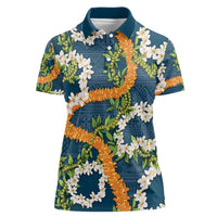 Aloha Festive Hawaii Women Polo Shirt Mokihana - Maile and Ilima on Navy Blue LT7 Female Navy Blue - Polynesian Pride