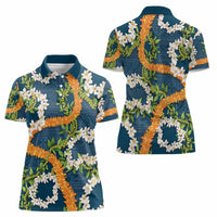 Aloha Festive Hawaii Women Polo Shirt Mokihana - Maile and Ilima on Navy Blue LT7 - Polynesian Pride