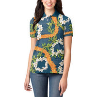 Aloha Festive Hawaii Women Polo Shirt Mokihana - Maile and Ilima on Navy Blue LT7 - Polynesian Pride