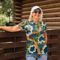 Aloha Festive Hawaii Women Polo Shirt Mokihana - Maile and Ilima on Navy Blue LT7 - Polynesian Pride