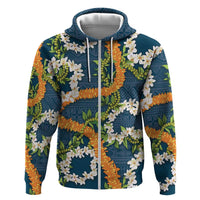 Aloha Festive Hawaii Zip Hoodie Mokihana - Maile and Ilima on Navy Blue - Polynesian Pride