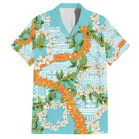 Aloha Festive Hawaii Family Matching Off The Shoulder Long Sleeve Dress and Hawaiian Shirt Mokihana - Maile and Ilima on Turquoise - Polynesian Pride