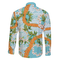 Aloha Festive Hawaii Family Matching Off The Shoulder Long Sleeve Dress and Hawaiian Shirt Mokihana - Maile and Ilima on Turquoise - Polynesian Pride