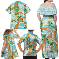 Aloha Festive Hawaii Family Matching Off Shoulder Maxi Dress and Hawaiian Shirt Mokihana - Maile and Ilima on Turquoise - Polynesian Pride