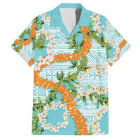 Aloha Festive Hawaii Family Matching Off Shoulder Short Dress and Hawaiian Shirt Mokihana - Maile and Ilima on Turquoise - Polynesian Pride