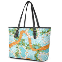 Aloha Festive Hawaii Leather Tote Bag Mokihana - Maile and Ilima on Turquoise - Polynesian Pride