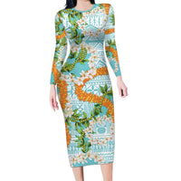Aloha Festive Hawaii Long Sleeve Bodycon Dress Mokihana - Maile and Ilima on Turquoise - Polynesian Pride