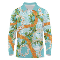 Aloha Festive Hawaii Long Sleeve Polo Shirt Mokihana - Maile and Ilima on Turquoise LT7 Turquoise - Polynesian Pride