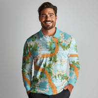 Aloha Festive Hawaii Long Sleeve Polo Shirt Mokihana - Maile and Ilima on Turquoise LT7 - Polynesian Pride