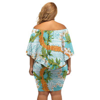 Aloha Festive Hawaii Off Shoulder Short Dress Mokihana - Maile and Ilima on Turquoise - Polynesian Pride