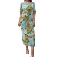 Aloha Festive Hawaii Puletasi Mokihana - Maile and Ilima on Turquoise - Polynesian Pride