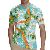 Aloha Festive Hawaii Rugby Jersey Mokihana - Maile and Ilima on Turquoise LT7 - Polynesian Pride