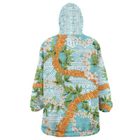 Aloha Festive Hawaii Wearable Blanket Hoodie Mokihana - Maile and Ilima on Turquoise - Polynesian Pride