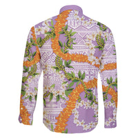 Aloha Festive Hawaii Family Matching Off The Shoulder Long Sleeve Dress and Hawaiian Shirt Mokihana - Maile and Ilima on Lilac - Polynesian Pride