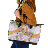 Aloha Festive Hawaii Leather Tote Bag Mokihana - Maile and Ilima on Lilac - Polynesian Pride