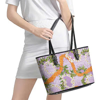 Aloha Festive Hawaii Leather Tote Bag Mokihana - Maile and Ilima on Lilac - Polynesian Pride