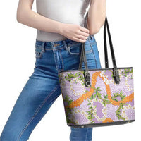 Aloha Festive Hawaii Leather Tote Bag Mokihana - Maile and Ilima on Lilac - Polynesian Pride