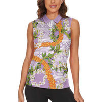 Aloha Festive Hawaii Women Sleeveless Polo Shirt Mokihana - Maile and Ilima on Lilac LT7 - Polynesian Pride