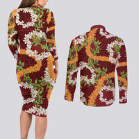 Aloha Festive Hawaii Couples Matching Long Sleeve Bodycon Dress and Long Sleeve Button Shirt Mokihana - Maile and Ilima on Crimson - Polynesian Pride