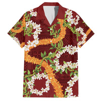Aloha Festive Hawaii Family Matching Off The Shoulder Long Sleeve Dress and Hawaiian Shirt Mokihana - Maile and Ilima on Crimson - Polynesian Pride