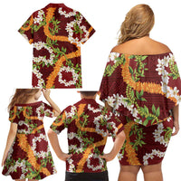 Aloha Festive Hawaii Family Matching Off Shoulder Short Dress and Hawaiian Shirt Mokihana - Maile and Ilima on Crimson - Polynesian Pride