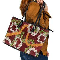 Aloha Festive Hawaii Leather Tote Bag Mokihana - Maile and Ilima on Crimson - Polynesian Pride