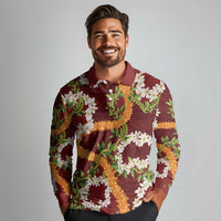 Aloha Festive Hawaii Long Sleeve Polo Shirt Mokihana - Maile and Ilima on Crimson LT7 - Polynesian Pride