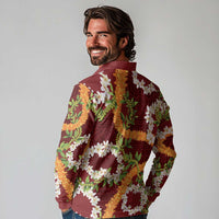 Aloha Festive Hawaii Long Sleeve Polo Shirt Mokihana - Maile and Ilima on Crimson LT7 - Polynesian Pride