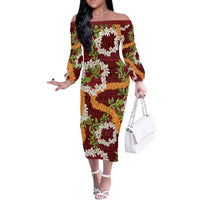 Aloha Festive Hawaii Off The Shoulder Long Sleeve Dress Mokihana - Maile and Ilima on Crimson - Polynesian Pride