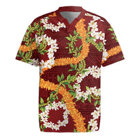Aloha Festive Hawaii Rugby Jersey Mokihana - Maile and Ilima on Crimson LT7 Crimson - Polynesian Pride