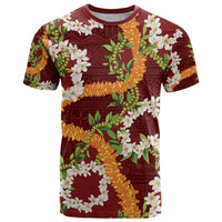 Aloha Festive Hawaii T Shirt Mokihana - Maile and Ilima on Crimson - Polynesian Pride