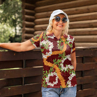 Aloha Festive Hawaii Women Polo Shirt Mokihana - Maile and Ilima on Crimson LT7 - Polynesian Pride