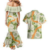 Aloha Festive Hawaii Couples Matching Mermaid Dress and Hawaiian Shirt Mokihana - Maile Leis in Muted Summer - Polynesian Pride