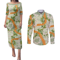 Aloha Festive Hawaii Couples Matching Puletasi and Long Sleeve Button Shirt Mokihana - Maile Leis in Muted Summer LT7 Sage Green - Polynesian Pride