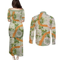 Aloha Festive Hawaii Couples Matching Puletasi and Long Sleeve Button Shirt Mokihana - Maile Leis in Muted Summer LT7 - Polynesian Pride