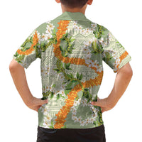 Aloha Festive Hawaii Family Matching Off The Shoulder Long Sleeve Dress and Hawaiian Shirt Mokihana - Maile Leis in Muted Summer - Polynesian Pride