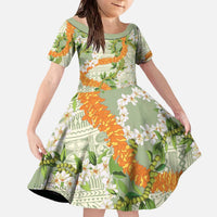 Aloha Festive Hawaii Family Matching Off The Shoulder Long Sleeve Dress and Hawaiian Shirt Mokihana - Maile Leis in Muted Summer - Polynesian Pride