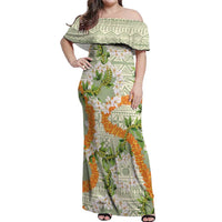 Aloha Festive Hawaii Off Shoulder Maxi Dress Mokihana - Maile Leis in Muted Summer - Polynesian Pride
