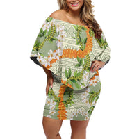 Aloha Festive Hawaii Off Shoulder Short Dress Mokihana - Maile Leis in Muted Summer - Polynesian Pride